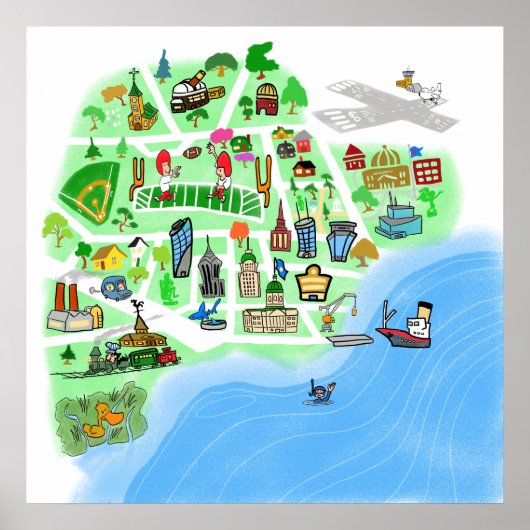 Cartoon Kaart van een Imaginaire Stad van de Haven Poster (Voorkant)
