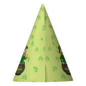 Cartoon kabouter in een gouden pot met een pint feesthoedjes (Achterkant)