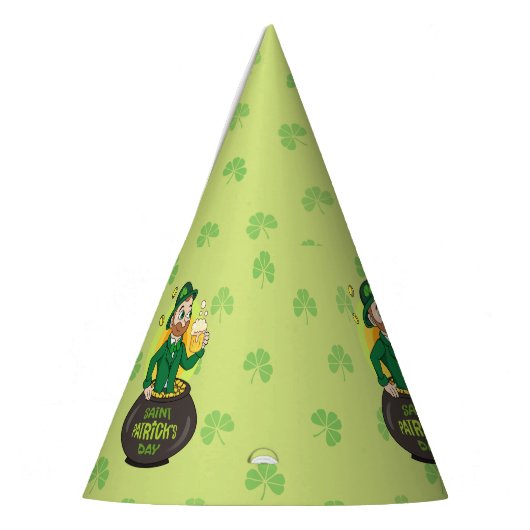 Cartoon kabouter in een gouden pot met een pint feesthoedjes (Links)