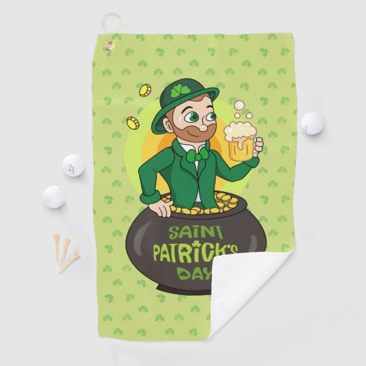 Cartoon kabouter in een gouden pot met een pint golfhanddoek (Insitu)