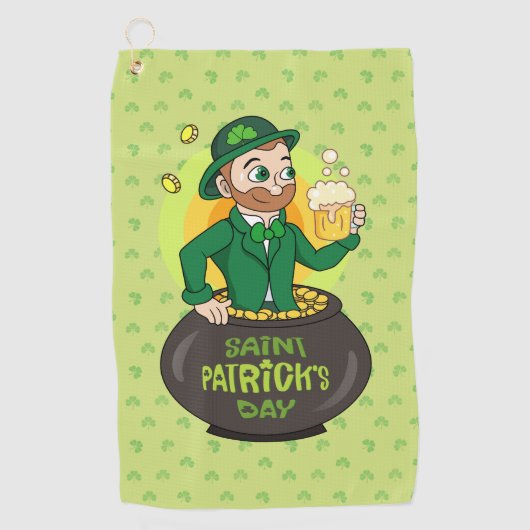 Cartoon kabouter in een gouden pot met een pint golfhanddoek (Voorkant)