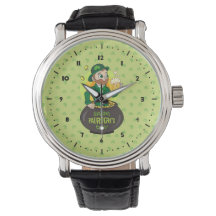 Cartoon kabouter in een gouden pot met een pint
