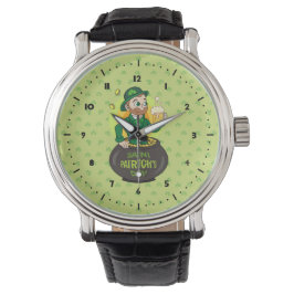Cartoon kabouter in een gouden pot met een pint horloge