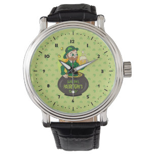Cartoon kabouter in een gouden pot met een pint horloge