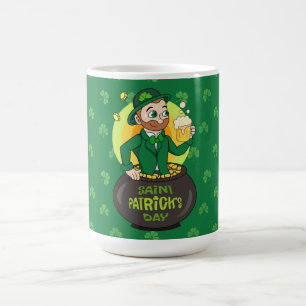 Cartoon kabouter in een gouden pot met een pint koffiemok