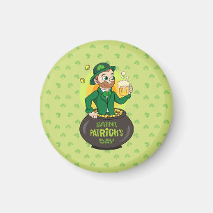 Cartoon kabouter in een gouden pot met een pint magneet