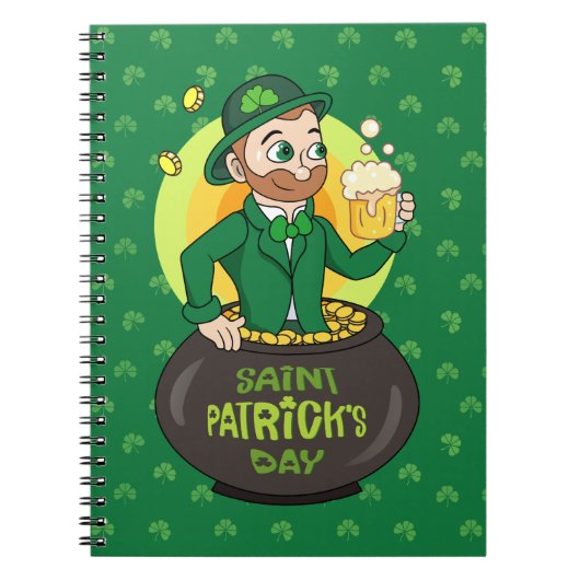 Cartoon kabouter in een gouden pot met een pint notitieboek (Voorkant)