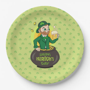 Cartoon kabouter in een gouden pot met een pint papieren bordje