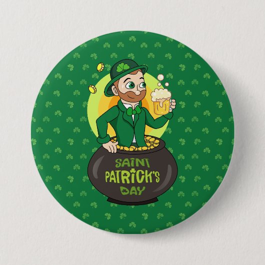 Cartoon kabouter in een gouden pot met een pint ronde button 7,6 cm (Voorkant)