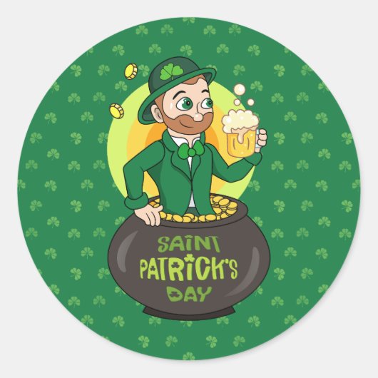 Cartoon kabouter in een gouden pot met een pint ronde sticker (Voorkant)