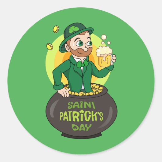 Cartoon kabouter in een gouden pot met een pint ronde sticker (Voorkant)