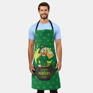 Cartoon kabouter in een gouden pot met een pint schort