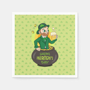 Cartoon kabouter in een gouden pot met een pint servet