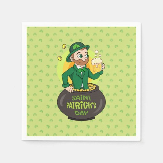 Cartoon kabouter in een gouden pot met een pint servet (Voorkant)