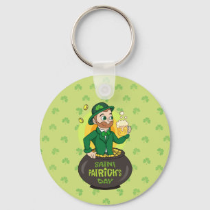 Cartoon kabouter in een gouden pot met een pint sleutelhanger
