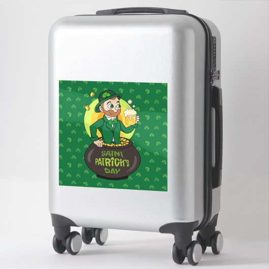 Cartoon kabouter in een gouden pot met een pint sticker (Koffer)