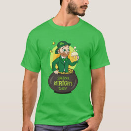 Cartoon kabouter in een gouden pot met een pint t-shirt