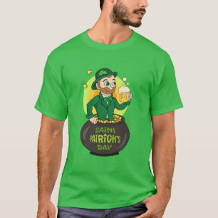 Cartoon kabouter in een gouden pot met een pint t-shirt