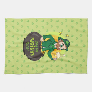 Cartoon kabouter in een gouden pot met een pint theedoek