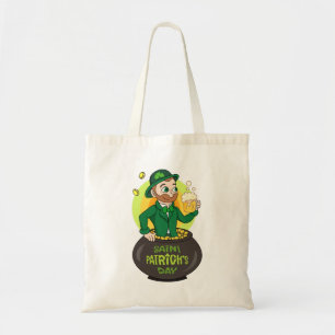 Cartoon kabouter in een gouden pot met een pint tote bag