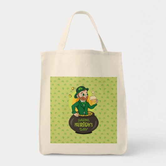 Cartoon kabouter in een gouden pot met een pint tote bag (Voorkant)