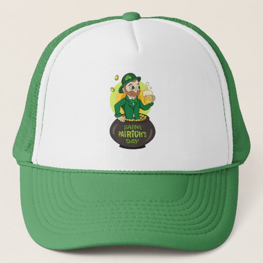 Cartoon kabouter in een gouden pot met een pint trucker pet (Voorkant)