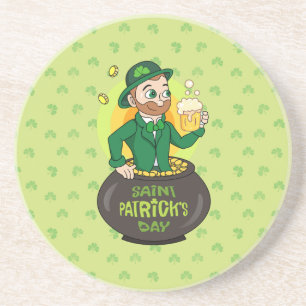 Cartoon kabouter in een gouden pot met een pint zandsteen onderzetter
