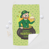 Cartoon kabouter in een pot met goud met een pint  golfhanddoek (Insitu)