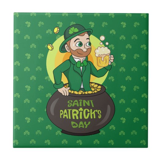 Cartoon kabouter in een pot met goud met een pint tegeltje (Voorkant)