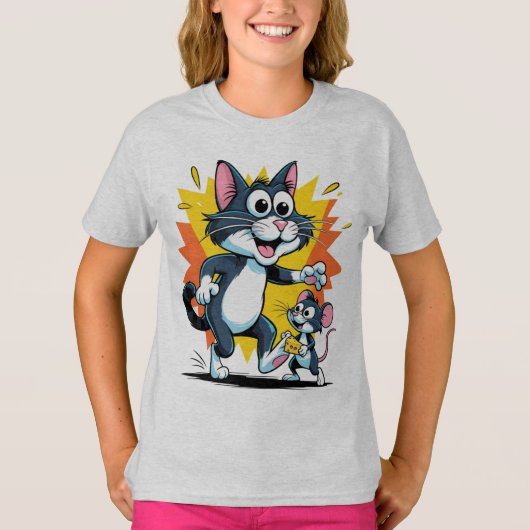 Cartoon kat en muis achtervolging t-shirt (Voorkant)