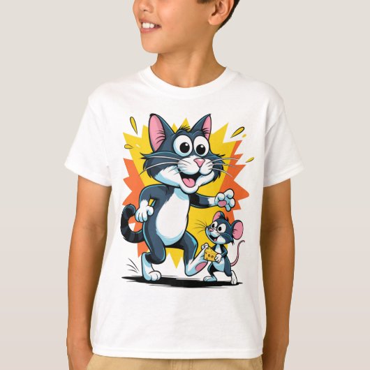 Cartoon kat en muis achtervolging t-shirt (Voorkant)