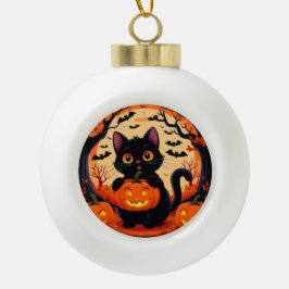Cartoon kat en pompoenen onder volle maan keramische bal ornament