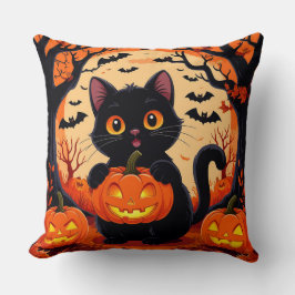 Cartoon kat en pompoenen onder volle maan kussen