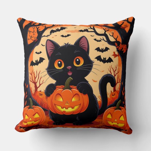 Cartoon kat en pompoenen onder volle maan kussen (Voorkant)