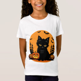 Cartoon kat en pompoenen onder volle maan t-shirt