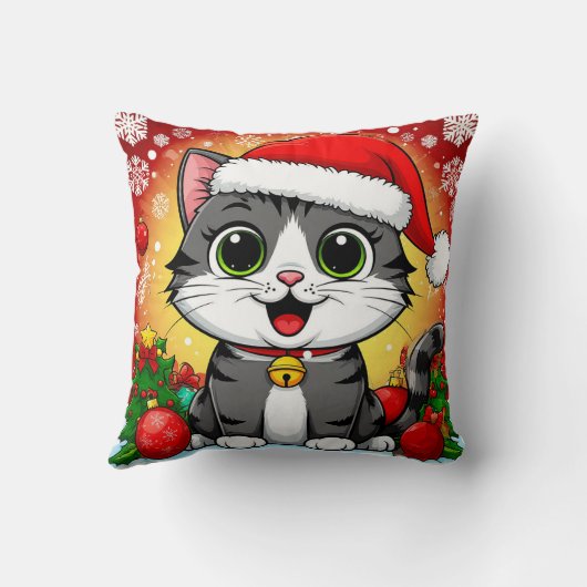 Cartoon kat in kerstmuts met kerstversiering kussen (Achterkant)