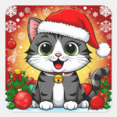 Cartoon kat in kerstmuts met kerstversiering vierkante sticker (Voorkant)