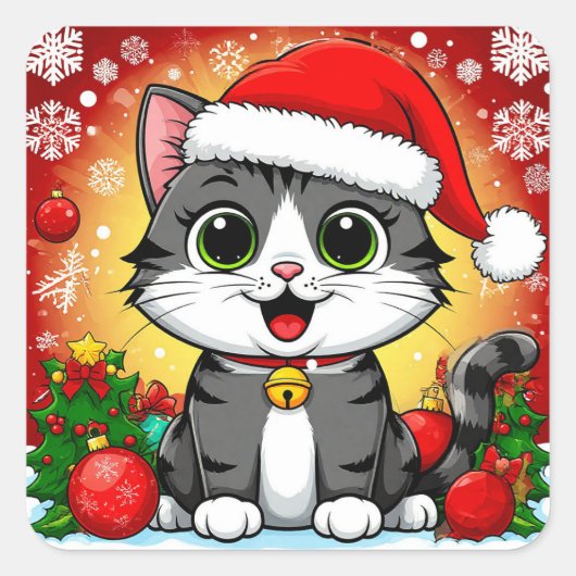 Cartoon kat in kerstmuts met kerstversiering vierkante sticker (Voorkant)