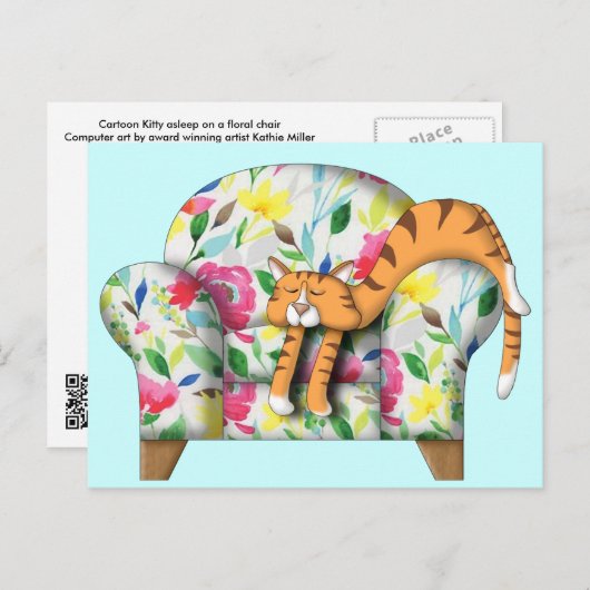 Cartoon Kat in slaap op een floragestoel Briefkaart (Voorkant / Achterkant)
