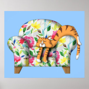 Cartoon Kat in slaap op een floragestoel Poster