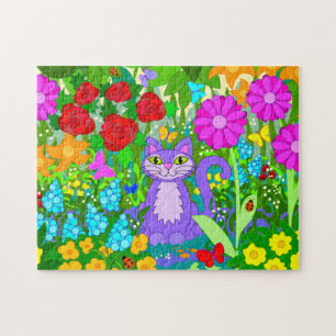 Cartoon Kat in tuinvloer Ladybugs Butterflies Legpuzzel