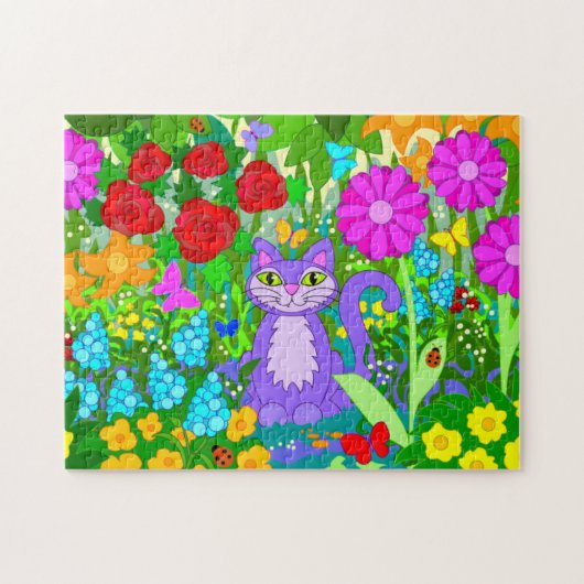 Cartoon Kat in tuinvloer Ladybugs Butterflies Legpuzzel (Horizontaal)