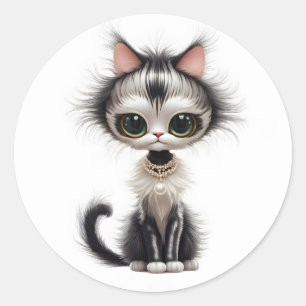 Cartoon kat met parel Ketting Ronde Sticker
