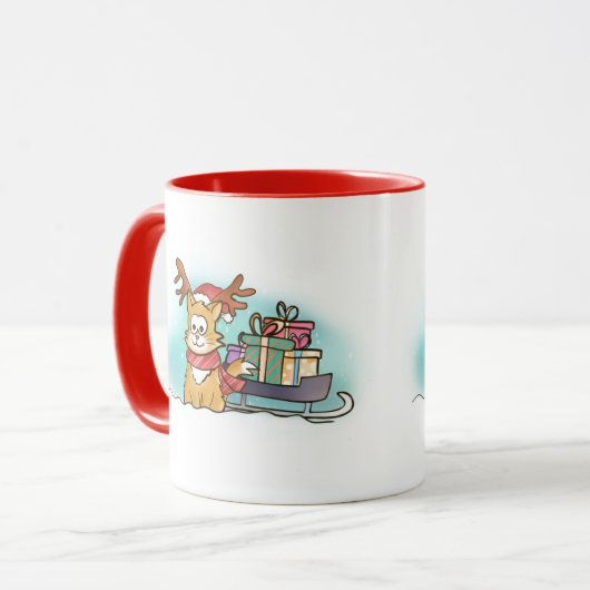 Cartoon Kat met rendierlijk Pet en slee kerst Mok (Voorkant links)