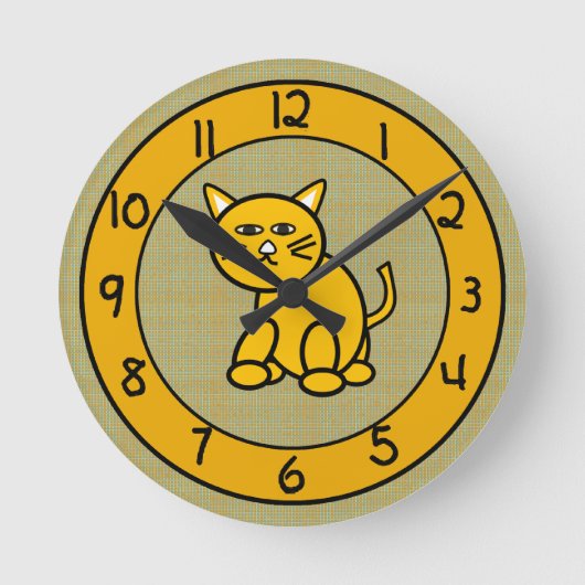 Cartoon Kat op Cute Gold Clock voor kinderen Ronde Klok (Voorkant)