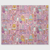 Cartoon kat plezier op roze cadeaupapier (Vlak)