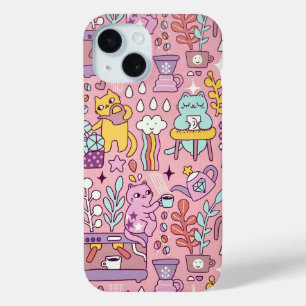 Cartoon kat plezier op roze iPhone 15 case