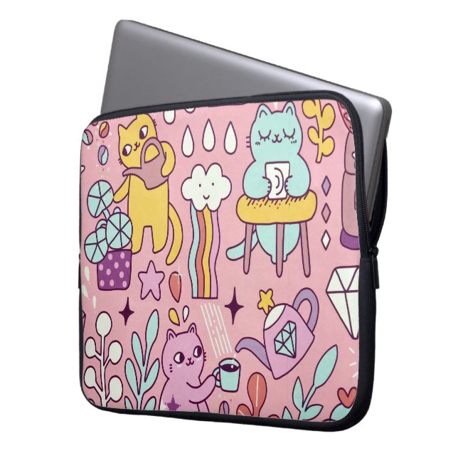 Cartoon kat plezier op roze laptop sleeve (Voorkant Links)