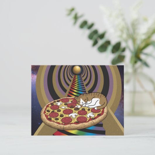 Cartoon Kat Slapen op een pizza Briefkaart (Staand voorkant)