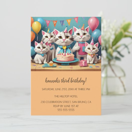 Cartoon Katten Kinder’ Gesponnen vogelfeest Kaart (Staand voorkant)